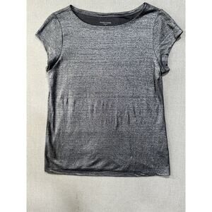 Eileen Fisher S Linen Metallic Shimmer Scoop Neck Top Gray Silver Minimalist